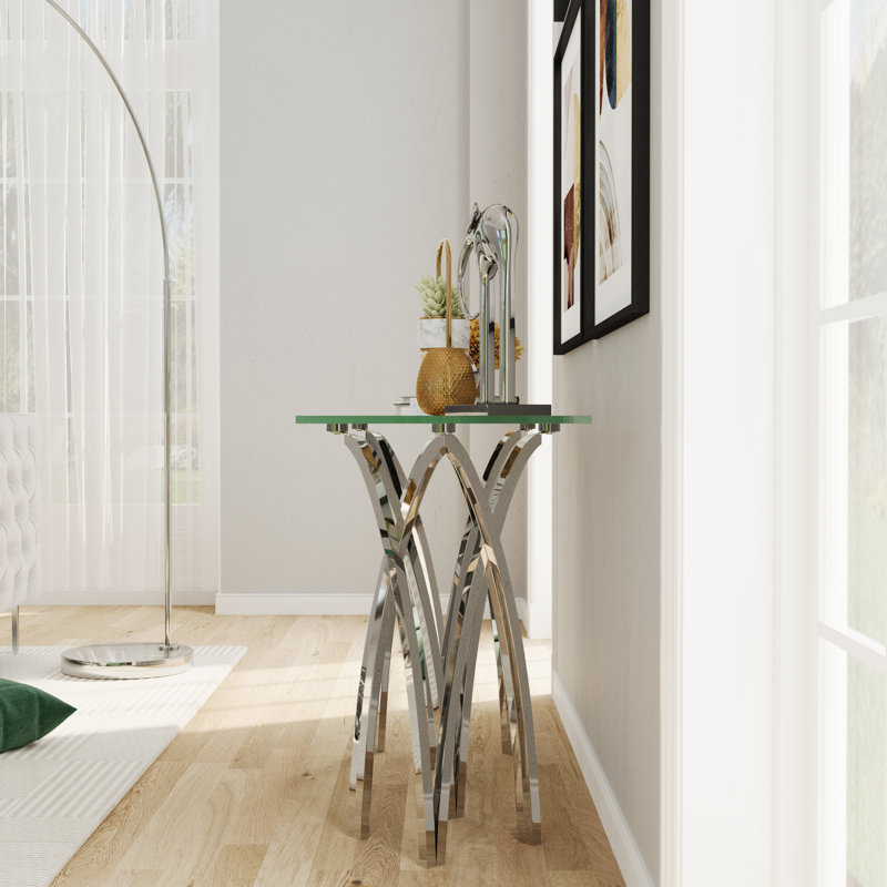 Console de 60 pouces en verre transparent avec console et base en miroir argentée pour le salon du couloir d'entrée