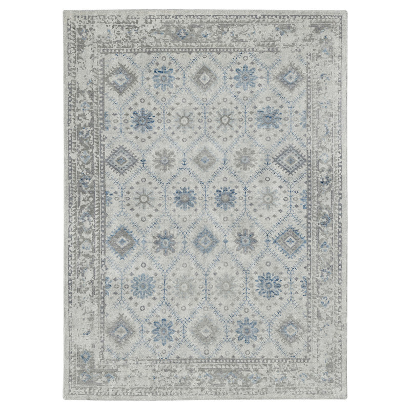 Tapis oriental bleu / gris en laine noué à la main Bushton, Rectangle de 10 pi x 14 pi