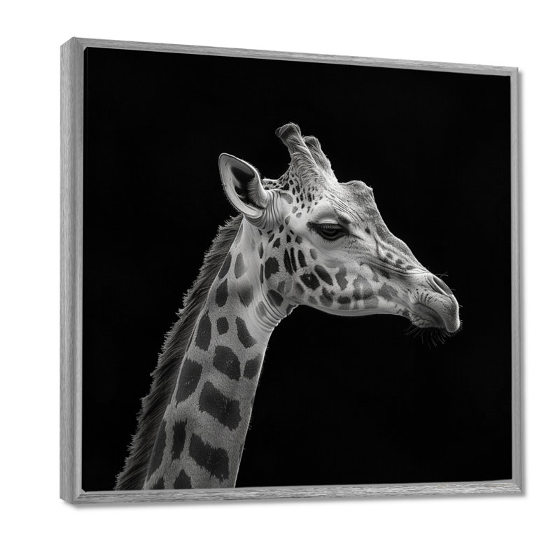 Girafe sur fond noir - reproduction d'art girafe, Toile argentée avec cadre flottant, H 36 po x l 36 po x P 1,5 po
