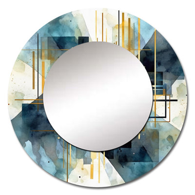 Gold Blue Abstracted Realities - Abstract Shapes Unique Wall Mirror, Modern Round Mirror, Printed Metal Art