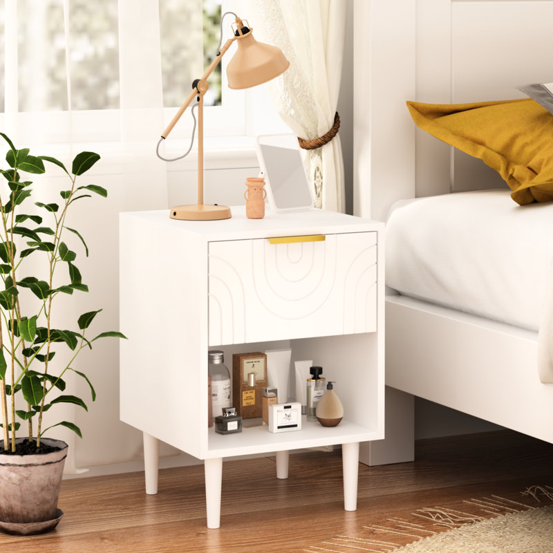 23.21'' H White Modern Nightstand With One Drawer And Open Shelving, Gold - Trimmed Knob, Bedroom Decor Element, Stable Base Design