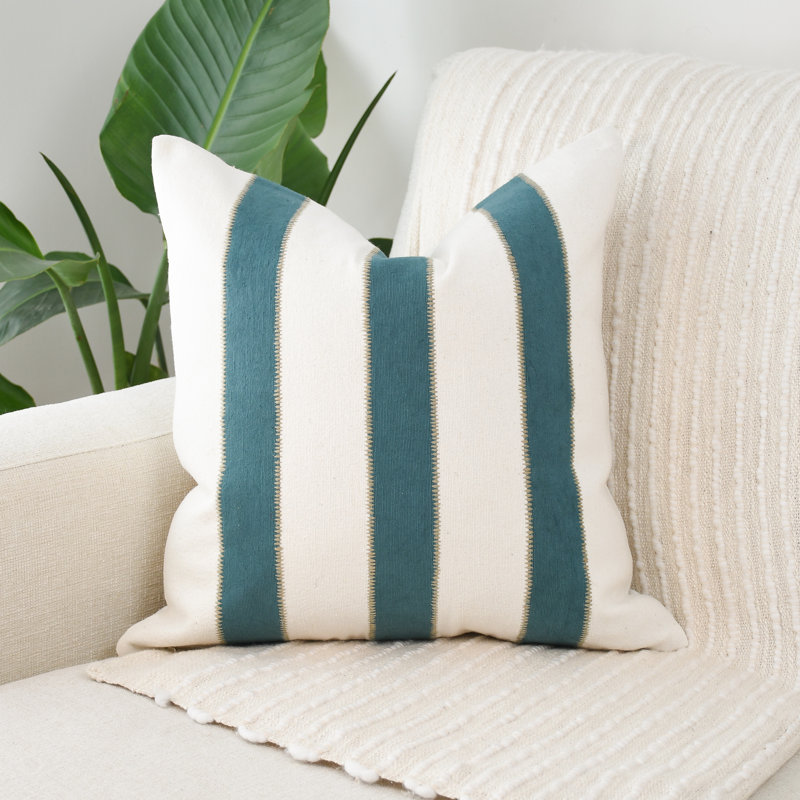 Jeté Boho bleu sarcelle et blanc, Carré 20 po, Rayé bleu / blanc