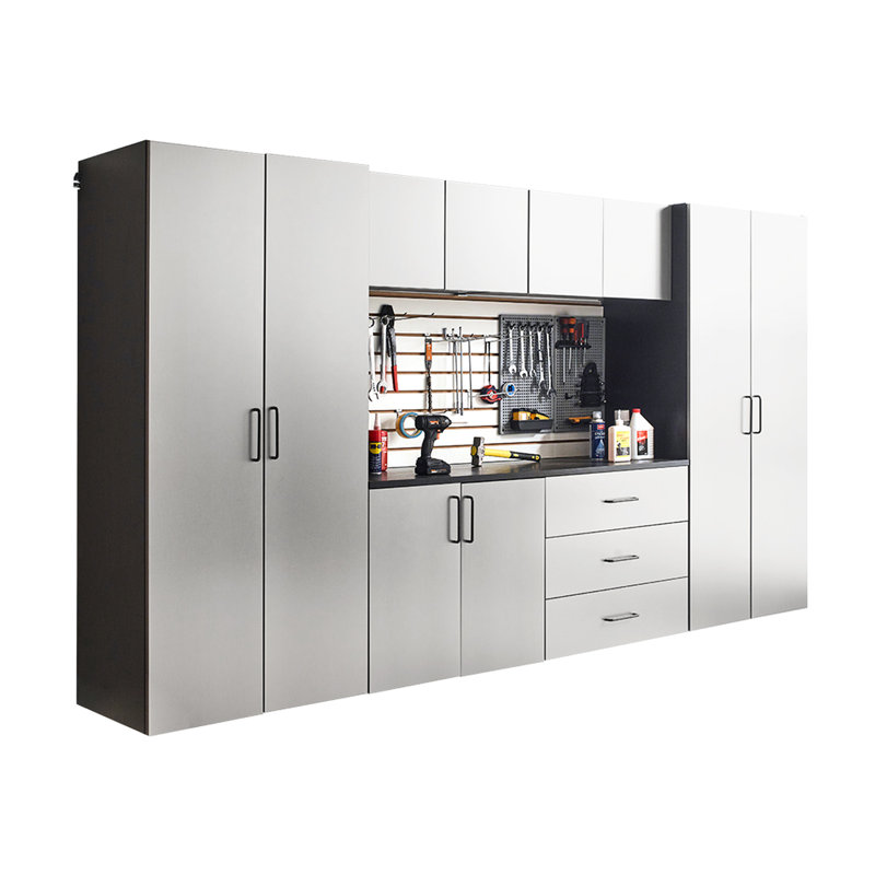 Series' 128 In. W X 79 H 20 D 7 Garage Cabinet A, With Elegant Metallic Gray Finish, Mechanism For Drawers And Doors, Water Heat Feature, 2X Thicker Edge Banding, E0-Grade , Shelf Provision, Double