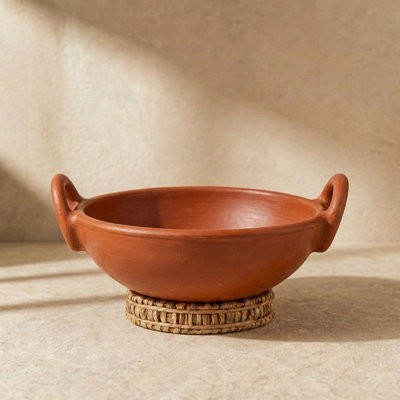 SWADEShi Blessings, gamme exclusive d'argile non émaillée / Mitti / terre de Kadai fabriquée à la main, 1,8 litre (avec abat-jour naturel et miroir) + support à feuilles de palmier gratuit (1,8 litre rouge)