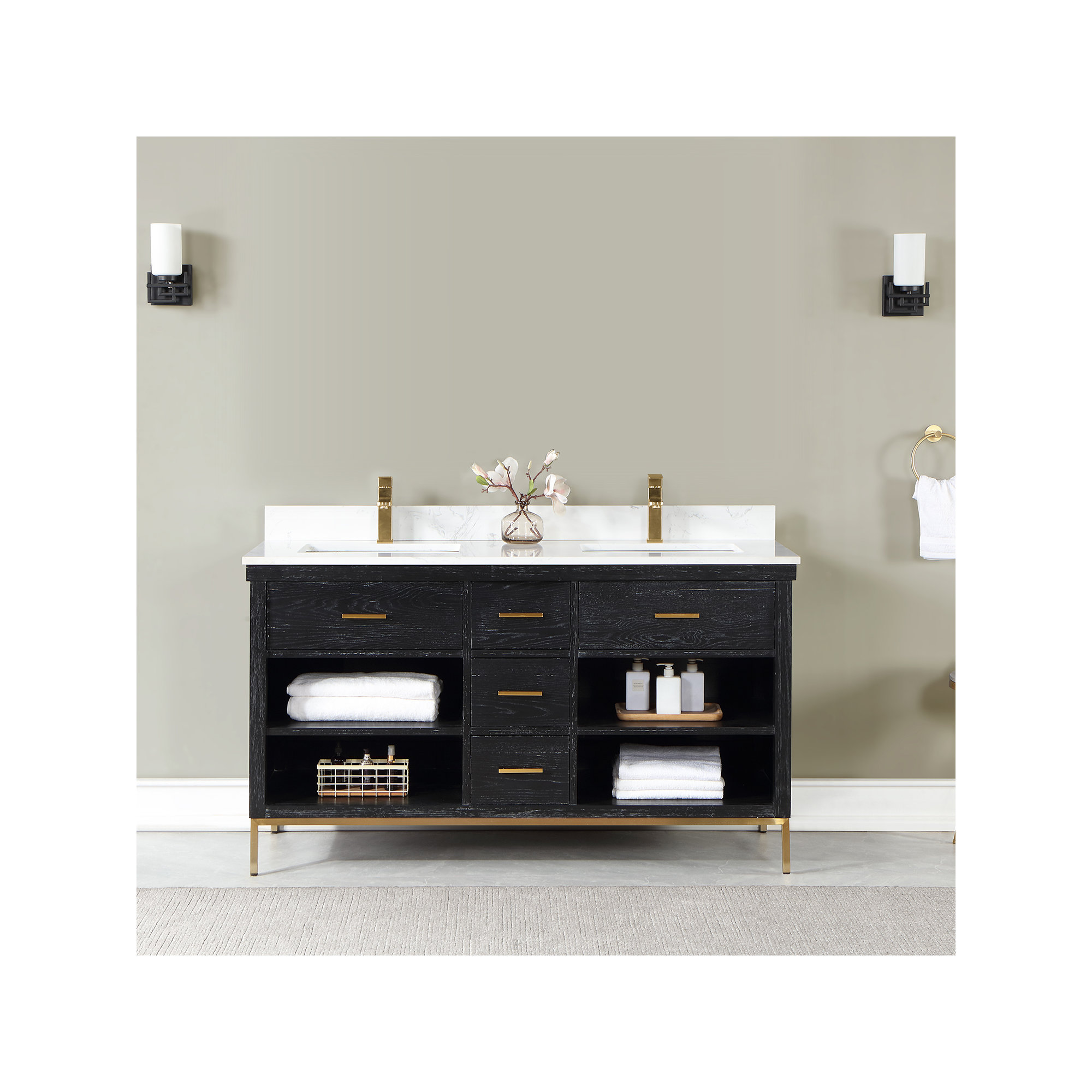 Kesia 60'' Double Bathroom Vanity, Gold, Black