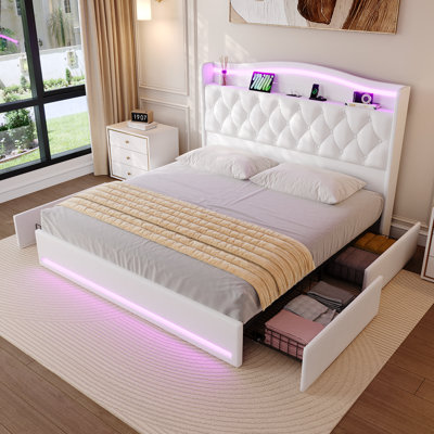 Velvet Upholstered Bed With 4 Underbed Drawer & LED Headboard With Power Outlets by House of Hampton