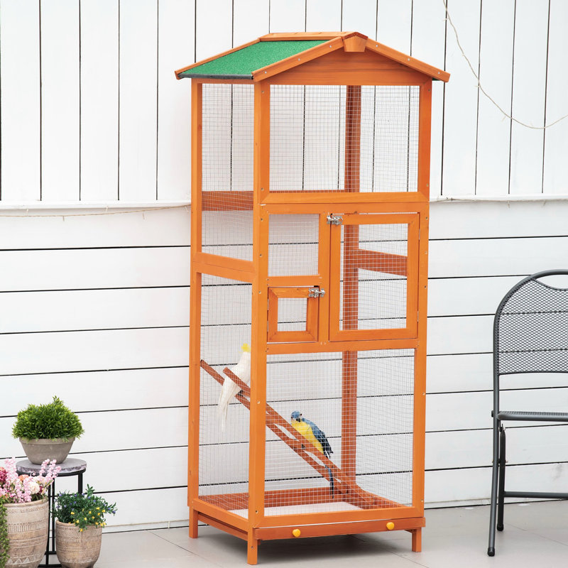 Cage à oiseaux orange en bois 65 po - Volière d'extérieur pour perroquets et perroquets imperméable, avec 2 portes escamotables