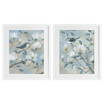 «Blue Birds in Magnolia Tree», ensemble de 2 reproductions encadrées sous verre, par Nan