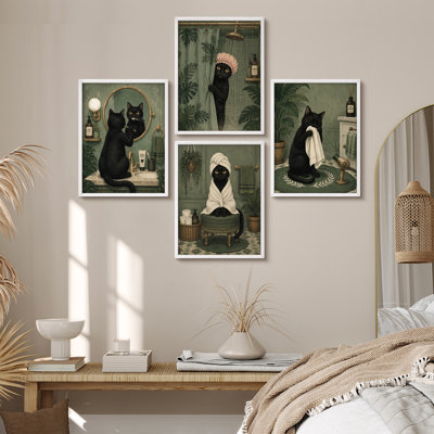 Green Bathroom Black Cat Spa Shower Bathtub Relax Scene Framed Wall Art Prints Set of 4 - Bathroom decor, modern playful animal art for bathroom or powder room