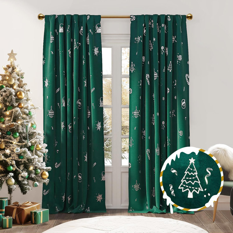 Christmas Snowflake Rod Pocket Velvet Curtains for Living Room, 52" W x 96" L, Silver Foil/Green