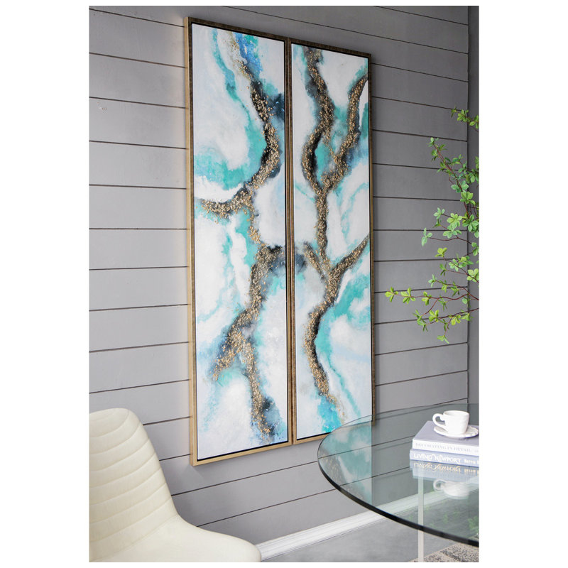 Elongated Blue and Gold Abstract Canvas Wall Art Set