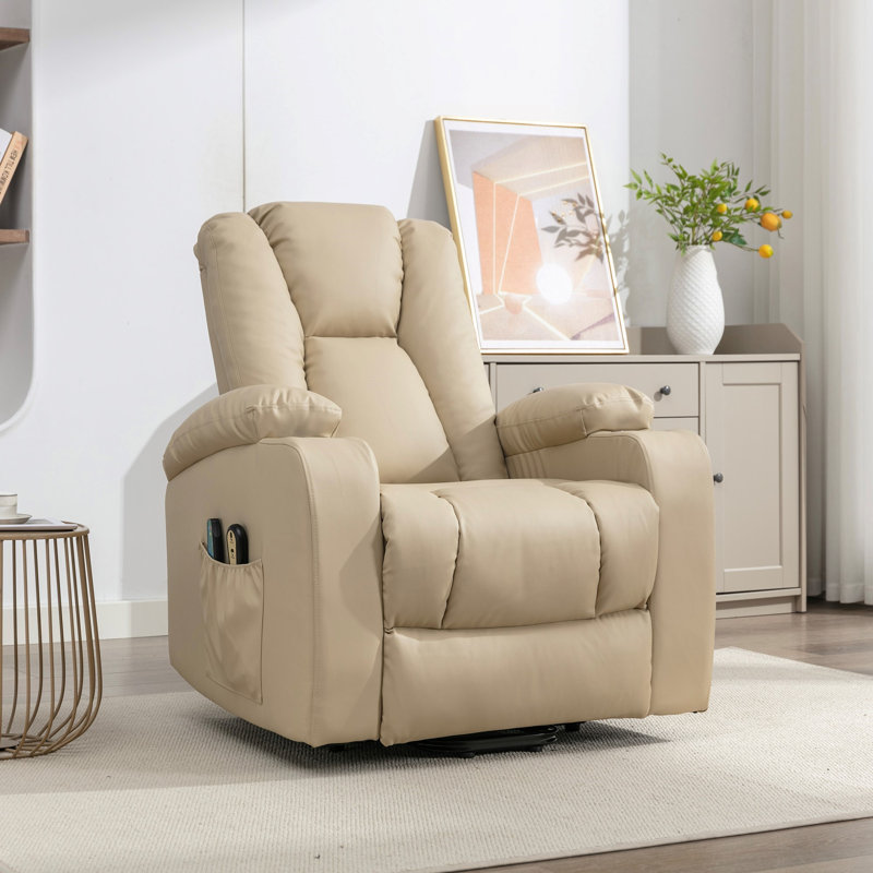 Anuel 88cm Wide Faux Leather Lift Assist Standard Recliner with Massager, Cream