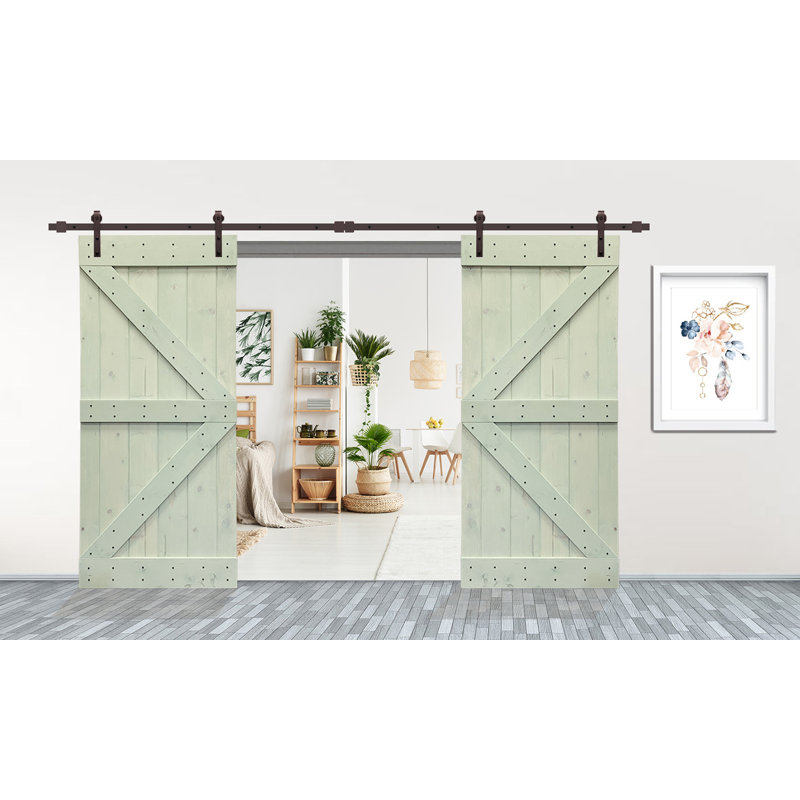 Porte de grange en panneaux de bois et métal teintés double pré-assemblé avec ensemble de quincaillerie d’installation