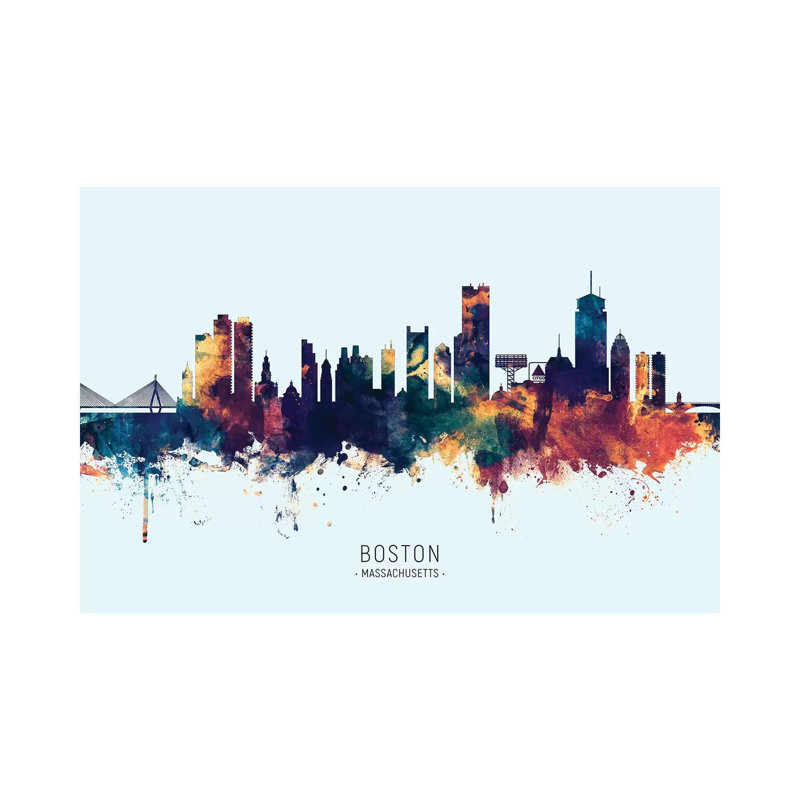 «Boston Massachusetts Skyline Blue Orange» par Michael Tompsett, impression sur toile tendue, H 18 po x l 26 po x P 1,5 po