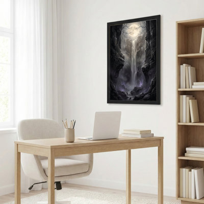 Art mural sur toile noir encadré pour le salon, la chambre à coucher, le bureau ou le vestibule - décoration murale décorative avec cascade au clair de lune