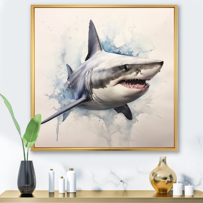 " Fierce Shark I ", 24" H x 24" W x 1" D, Gold Floater Framed