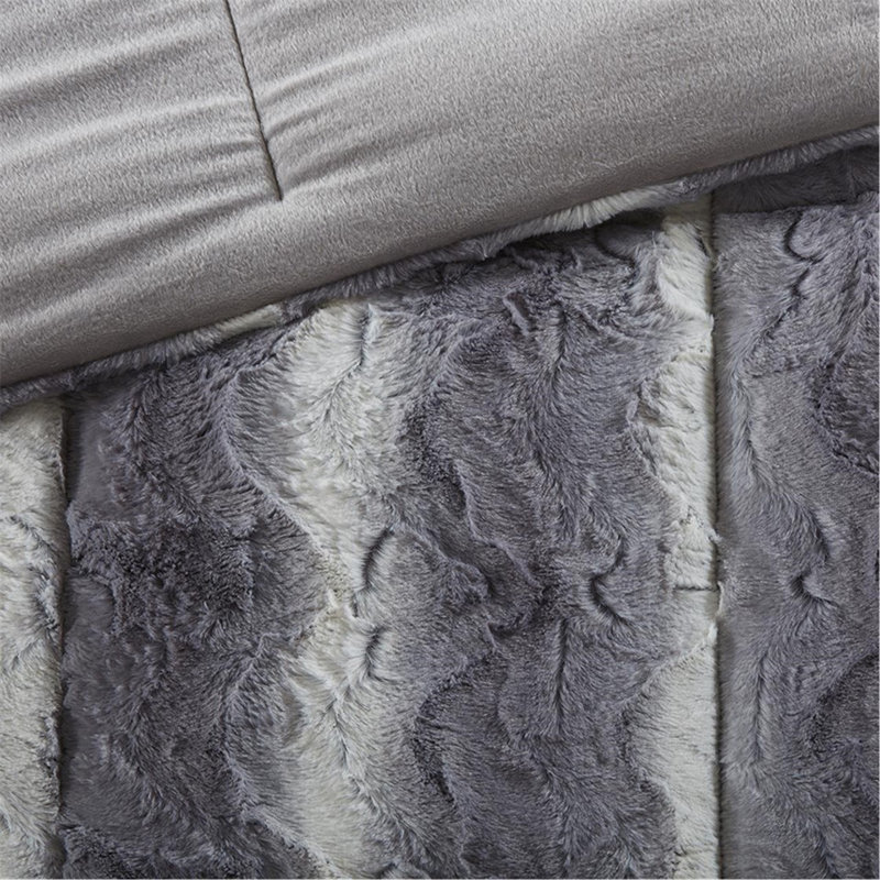 Ensemble d'édredon en fausse fourrure double / grand 4 pièces, Gris à rayures