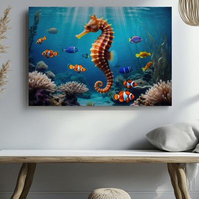 Toile dans un tableau vibrant sous l'eau, un hippocampe orange frappant avec art mural, son corps allongé orné de crêtes complexes et une toile