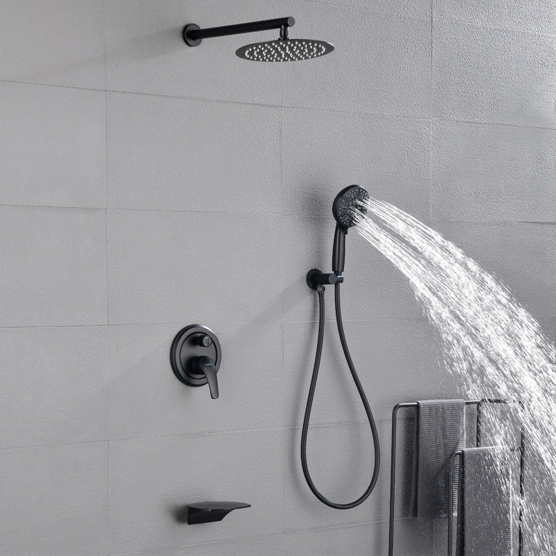 Ceiling Rain Shower System With Tub Spout Shower Faucet Set 12 Inch Shower Head And Handheld Shower Trim Kit, Matte Black