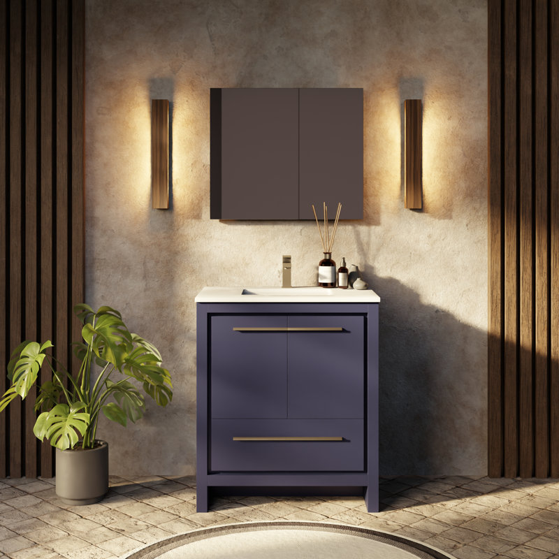 Lafarre 30" W x 20" D Single Vanity, 28" Mirror & Gun Metal Faucet, Navy Blue, White Cultured Marble