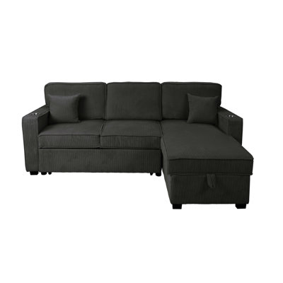 Contemporary Style Convertible Sectional Cup Holder Usb And Usb-C Port Storage Chaise Matching Pillows Pull Out Extension Black Finish Primary Living Room