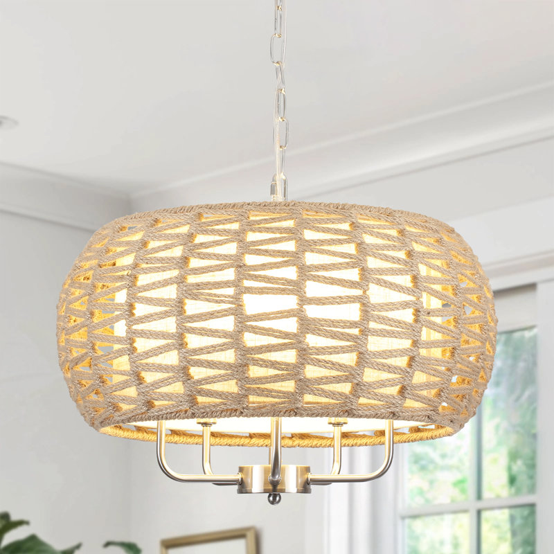 5 - Light Dimmable Drum Bohemian Hemp Rope Burlap Chandelier Hand-woven Natural Rattan Pendant, Satin Nickel
