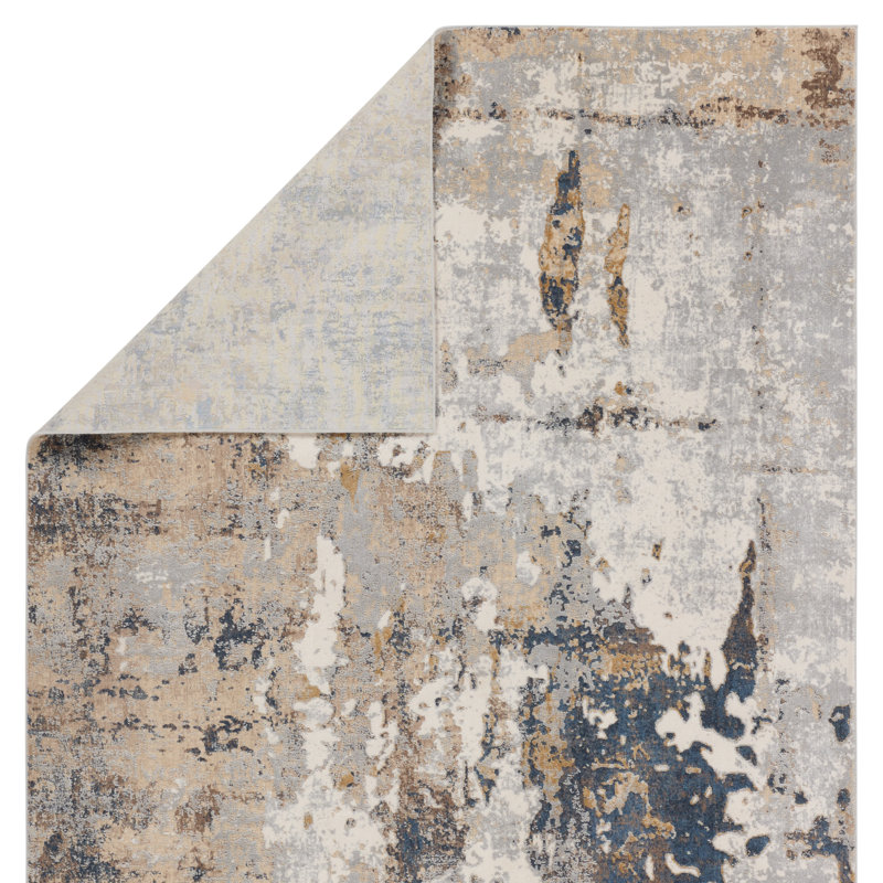 Tapis rectangulaire argenté / bleu marine en polyester tissé à la machine Fynnegan, Rectangle de 10 pi x 14 pi