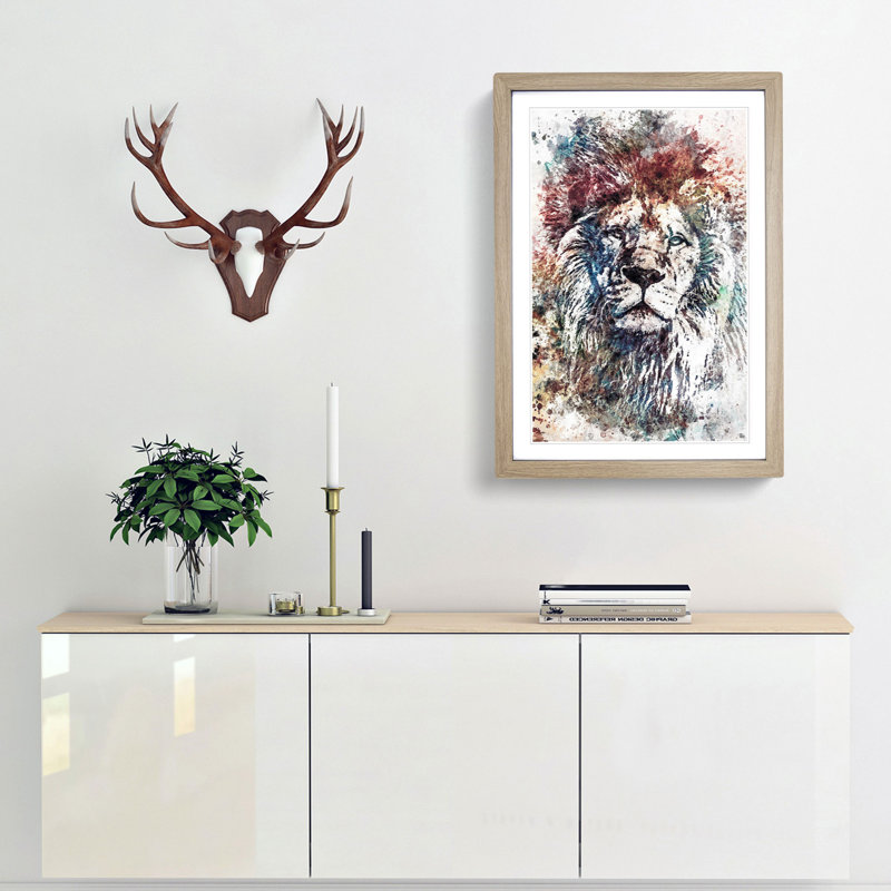 Lion Abstract Art - Picture Frame Graphic Art Print on MDF, 50cm H x 35cm W x 2cm D, Oak