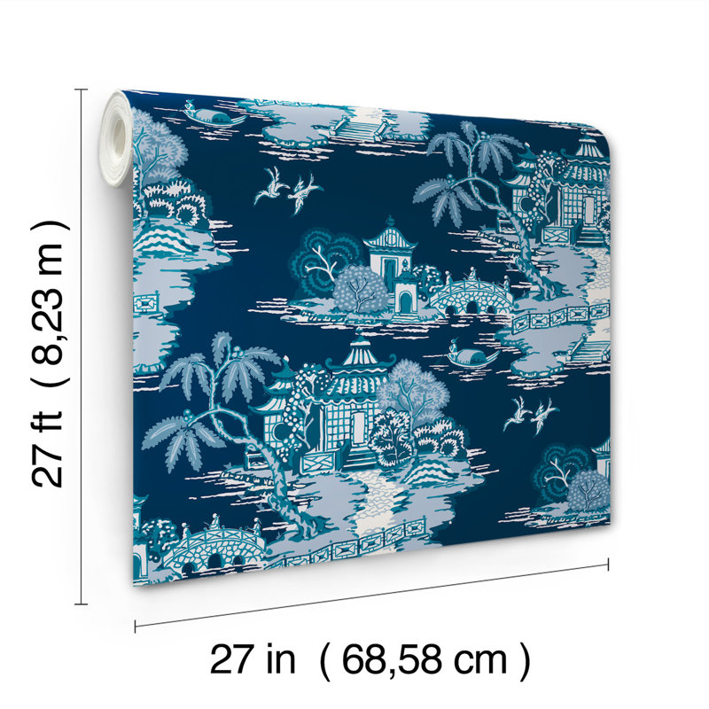 Pagoda And Sampan Scenic Vinyl Wallpaper Roll, Navy
