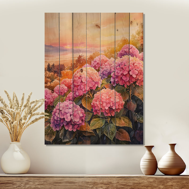 Hortensia champ au coucher du soleil II - décoration murale en bois d'hortensia - sur bois de pin naturel