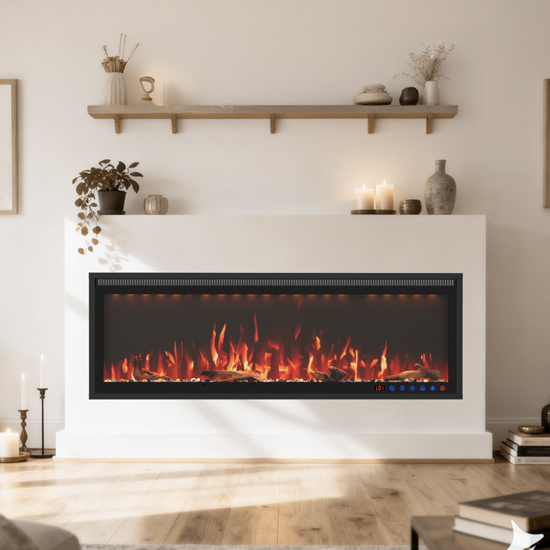 Foyer électrique encastré 60 po, flamme DEL 12 couleurs avec écran tactile et télécommande, H 17 po x l 60 po x P 4,13 po