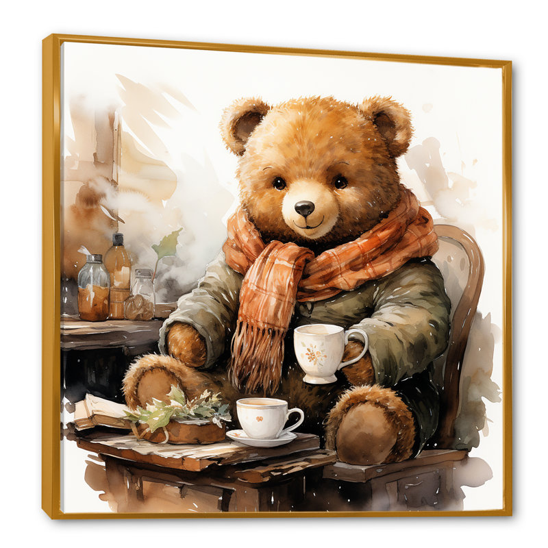 Hiver chambre de bébé ours en peluche II - art mural ours en peluche, Cadre flottant doré, H 30 po x l 30 po x P 1,5 po