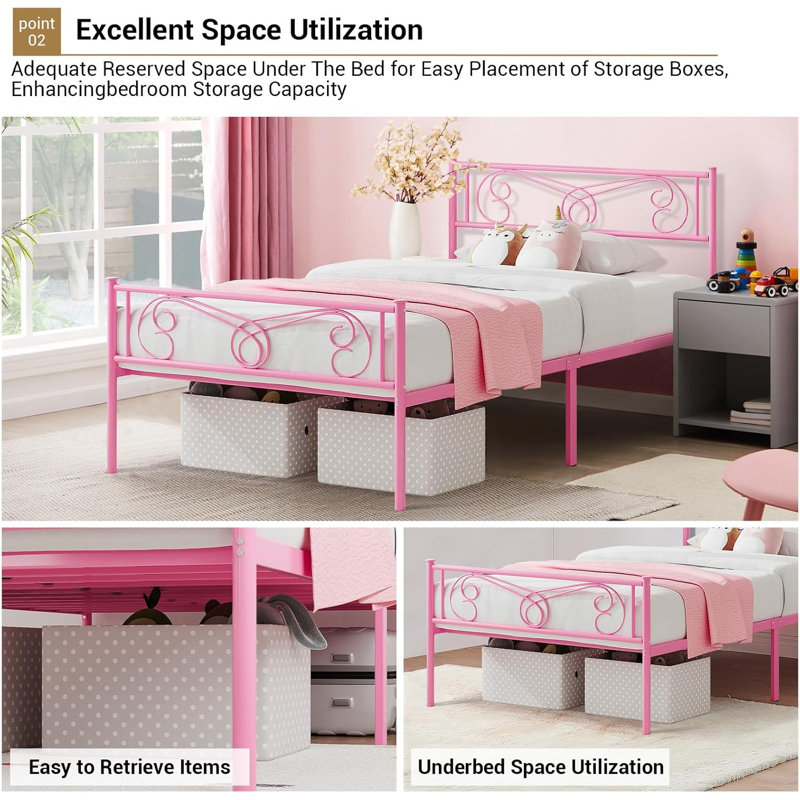 Lit double en fer courbé, conception minimaliste robuste, structure en fer pur durable, assemblage facile, Lit simple, Rose