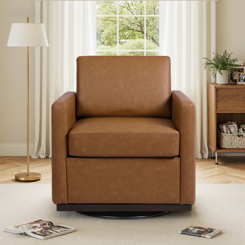 Upholstered Swivel Armchair, Brown Faux Leather
