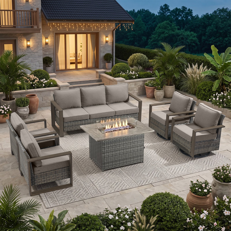 Ensemble de conversation d'extérieur 6 pièces avec fauteuils pivotants et table de foyer Aldiana, Gris, Gris