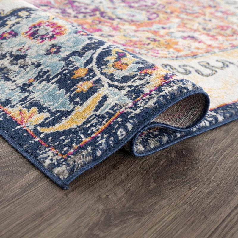 Tapis oriental ivoire / orange / bleu marine Favreau, Rectangle 5 pi 3 po x 7 pi