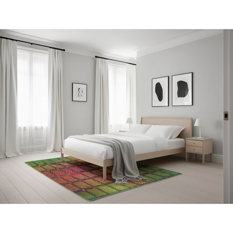 Tapis vert/rose à motifs, Rectangle 5 pi x 7 pi