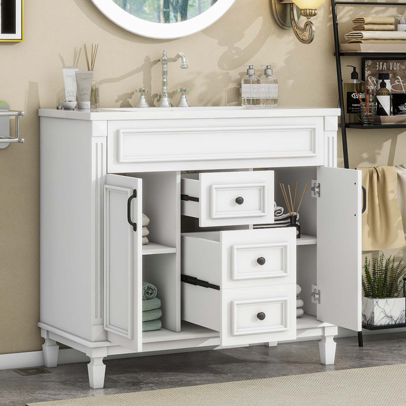 Meuble-lavabo moderne avec lavabo supérieur, 2 portes à fermeture douce et 2 tiroirs, Blanc