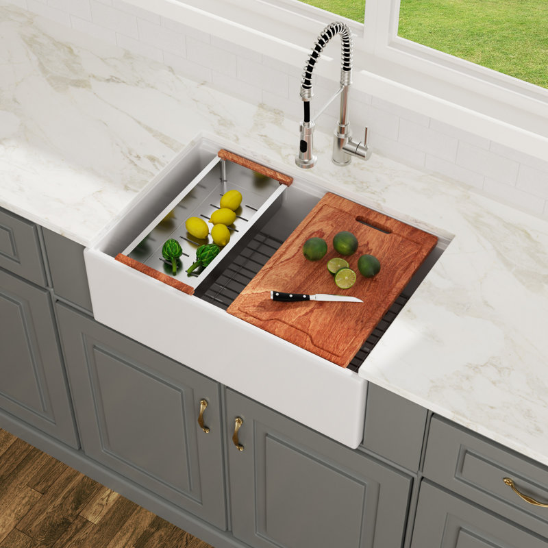 33'' L x 18" W Farmhouse Kitchen Sink White Ceramic Single Bowl Kitchen Sink Apron Front Sink