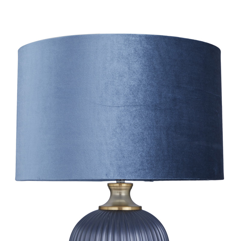Ehrenberg Glass Ribbed Blue Table Lamp with Velvet Shade and Gold Accents, 26"" H x 16.05"" W x 16"" D