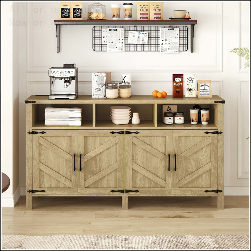 Buffet 4 portes avec prises de courant, ports USB et tablettes réglables, Bois naturel