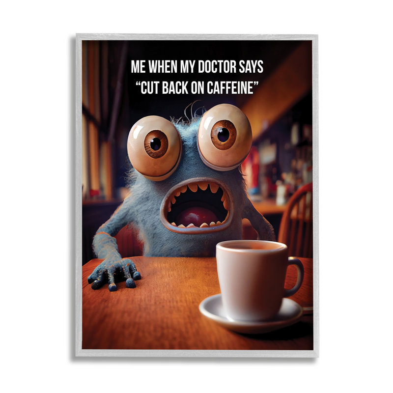 Monstre et café, art de la giclée encadrée par Karen Burke, Encadré gris, H 14 po x l 11 po x P 1,5 po