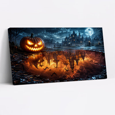 Tableau mural sur toile « Citrouille lumineuse Jack-O-Lantern, château hanté au clair de lune, Halloween »