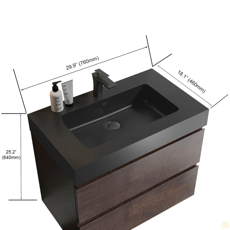 Bassin en quartz intégré intégré sans drain, robinet et armoire, 30", Noir mat, Brun