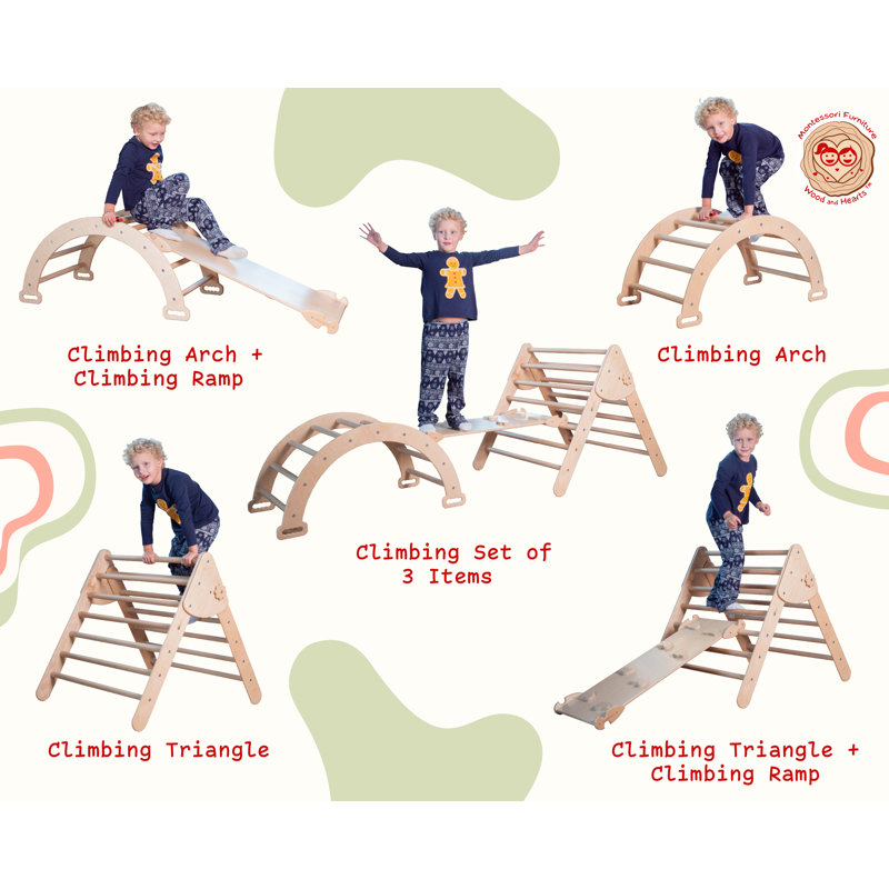 Natural Wood Montessori Climbing Set with Slide and Arch
