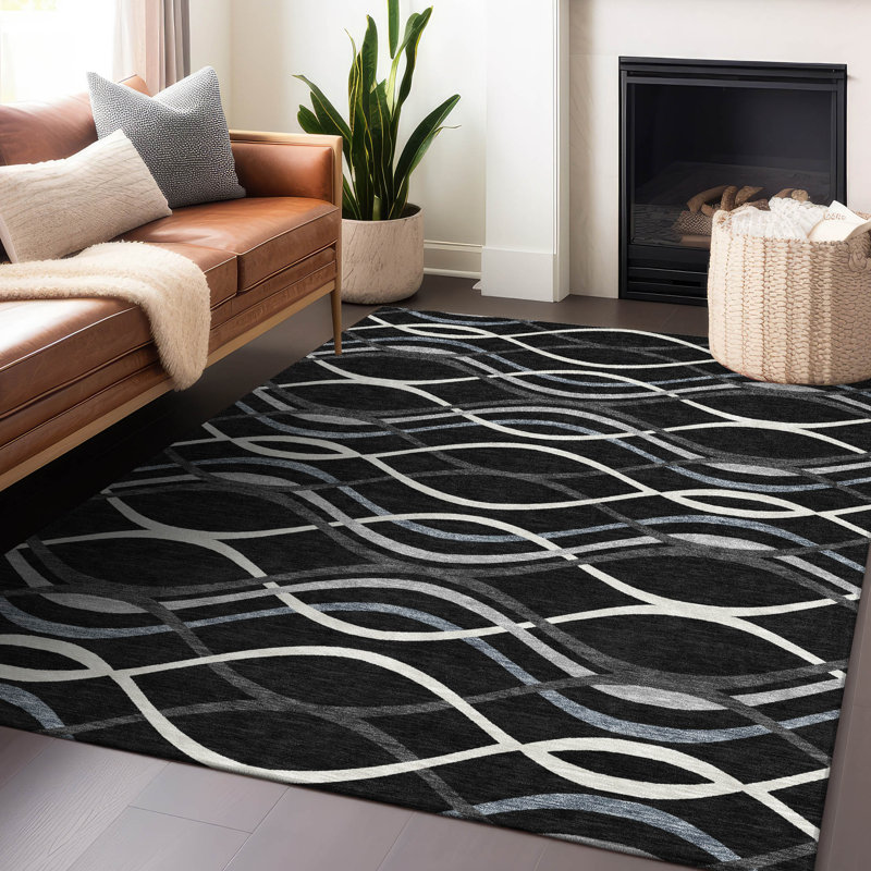 Tapis noir Prisco lavable à la machine de qualité supérieure, Rectangle 10 pi x 14 pi
