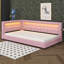 Lit plateforme en L en forme de L avec ports USB et ceinture à DEL et espace de rangement, structure de lit plateforme capitonnée en lin-374580752-374580767