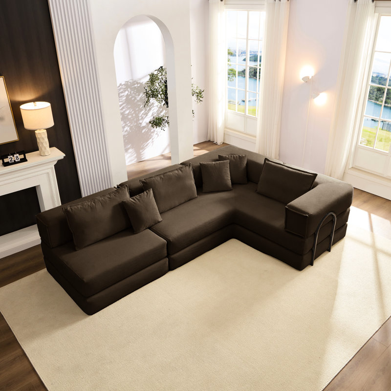 Surdimensionné en forme de L modulaire, brun de 118,2 po, revêtement en velours côtelé, 6 coussins, idéal pour la vie résidentielle, mousse à densité élevée de haute qualité, installation sans effort