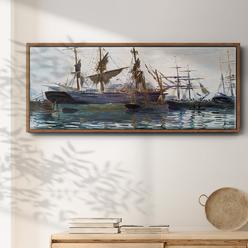 Ships In Harbor, 1873, reproduction d'art sur toile, Toile avec cadre en coin WalnutGold, H 20 po x l 50 po x P 1,5 po