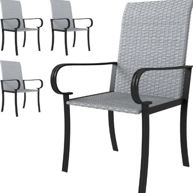 Lot de 4 chaises de salle à manger de patio avec dossier haut et accoudoirs en polyéthylène tissé à la main, idéales pour se détendre à l'intérieur.